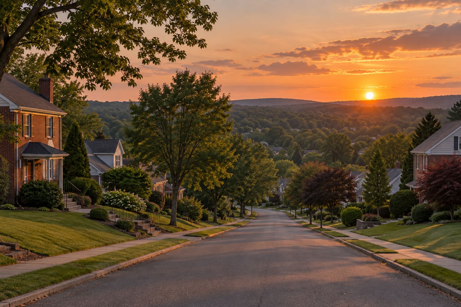 A McMurray residential street at sunset, illustrative